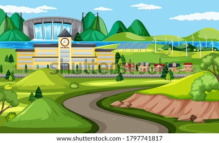 Road to school in nature scene illustration