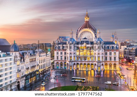 Antwerp, Belgium cityscape at Centraal Railway Station at dawn. Royalty-Free Stock Photo #1797747562