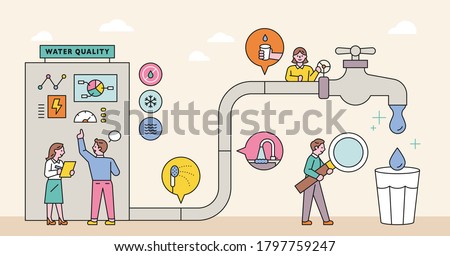 Large water pipe system and management experts. flat design style minimal vector illustration.