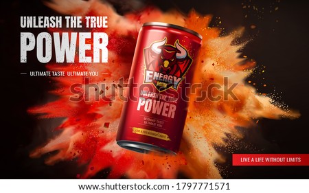Energy drink ad design on exploding powder effect background in 3d illustration Royalty-Free Stock Photo #1797771571