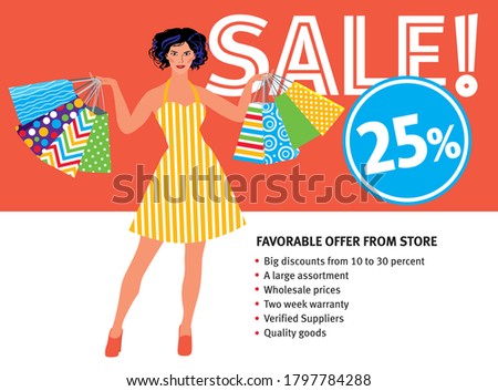 Sale and discounts. Beautiful Asian young woman with purchases from the store