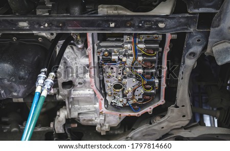 Automatic transmission flushing and fluid change service ,automatic transmission complete fluid exchange service. Royalty-Free Stock Photo #1797814660
