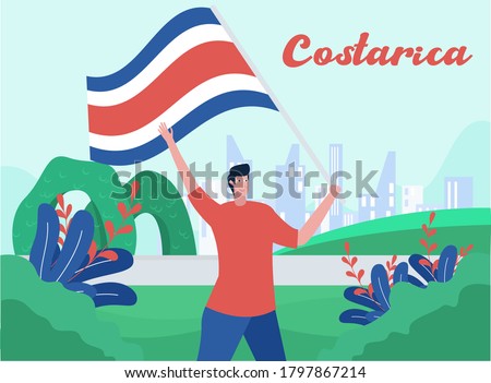 Costa Rica Independence Day vector concept: portrait of man waving Costa Rica national flag happily at the Zarcero Park