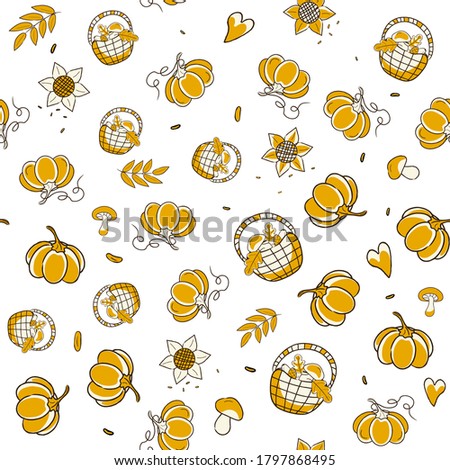 Seamless pattern with yellow autumn items pumpkin and autumn fruits