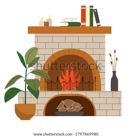 Scandinavian interior fireplace, flower in a pot, candles, books. Cozy winter holiday season. Cute illustration in Hygge style. Vector. Isolated.
