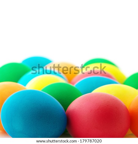 Colorful Easter eggs close-up on white background.