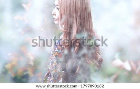 Woman and flowers botanical image collage on pastel background