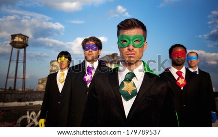 Multi-ethnic Superhero Businessmen on Rooftop