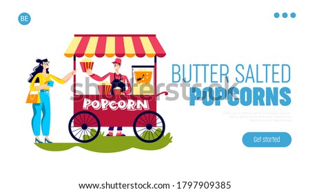 Popcorn butter salted or sweet landing page with woman buy tasty pop corn in street retro kiosk outdoors. Delicious popcorn takeaway service concept. Cartoon vector illustration