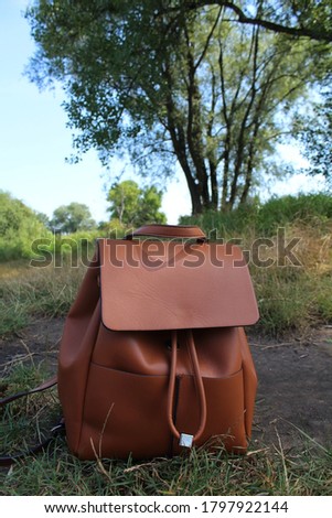 Brown backpack on the ground. Trees and grass in the background. Krakow, Poland. 