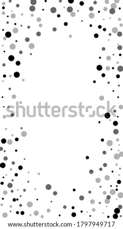 Scattered random black dots. Dark points dispersion on white background. Authentic grey spots dispersing overlay template. Majestic vector illustration.