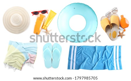 Set of beach objects on white background, top view. Banner design