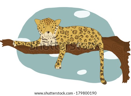 Illustration of cartoon wild jaguar on a branch