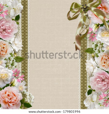 Border of flowers on vintage background with ribbon and brooch
