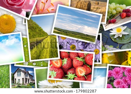 Stack of printed pictures collage - flowers, landscapes, food