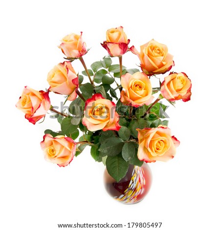 Bouquet of yellow/red roses, isolated on white (square format; 1x1)