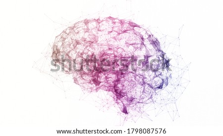 Digital data and network connection of multi color human brain isolated on white background. Artificial intelligence 3d conceptual illustration
