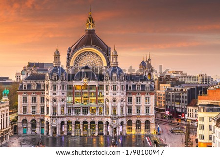 Antwerp, Belgium cityscape at Centraal Railway Station at dawn. Royalty-Free Stock Photo #1798100947