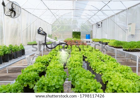 Smart robotic farmers in agriculture futuristic robot automation work water the plants Royalty-Free Stock Photo #1798117426