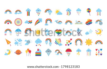 bundle of fifty rainbows and kawaii characters icons vector illustration design