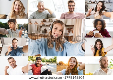 Collage image of different joyful multinational people looking at camera