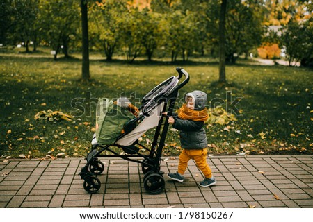 Funny picture of a little boy riding a pram in the park in the fall and have a lot of fun.