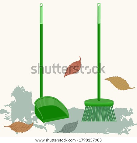 Broom and scoop with plastic handle - abstract light background - vector. Garden work