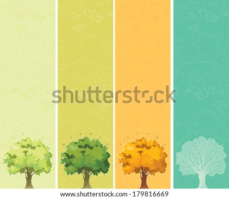 Four seasons - spring, summer, autumn, winter. Banners of rees with green, yellow and orange leaves. Tree without leaves at winter. 
