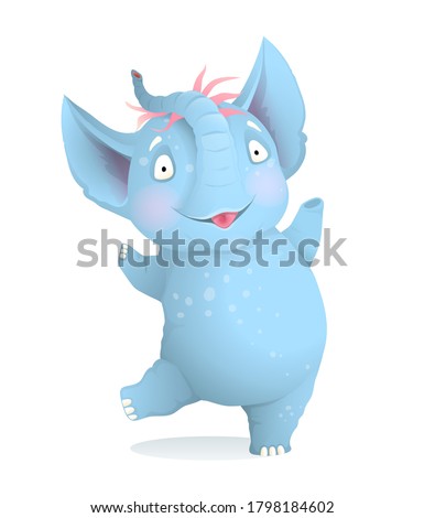 Baby girl elephant dancing and smiling happy cartoon for kids. Cute zoo animal for children isolated clip art, vector realistic 3d cartoon. Greeting cards and kids events character illustration design