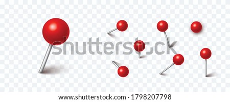 Pin set with shadow isolated on transparent background. Vector 3d red plastic pushpins, board tacks, sewing needles or push pins for paper notice Royalty-Free Stock Photo #1798207798