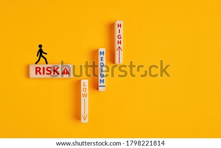 The words risk, medium, high and low written on wooden blocks with a stickman walking towrads the risk zone. Risk assesment, analysis or risk taking concept Royalty-Free Stock Photo #1798221814