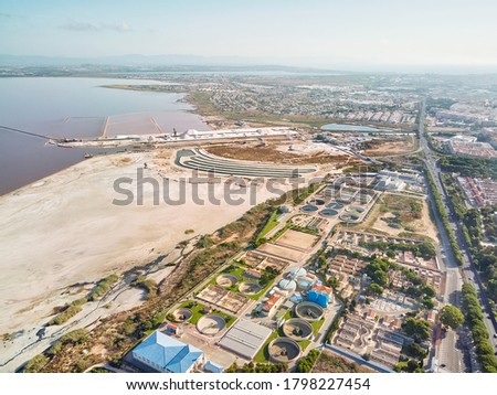 Panoramic aerial view of Torrevieja cityscape. Salt production factory,  Mediterranean Sea, coastal city. Costa Blanca. Alicante, south of Spain