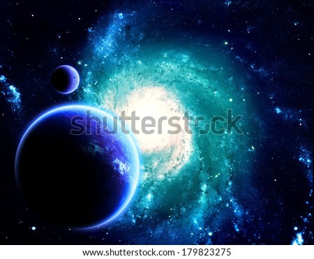 Planet and Moon Above Blue Spiral Galaxy - Elements of this Image Furnished by NASA
