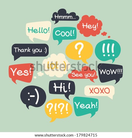 Trendy speech bubbles set in flat design with short messages. Royalty-Free Stock Photo #179824715