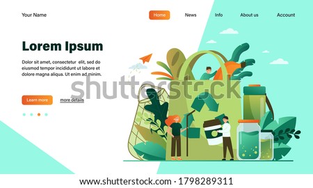 People packing organic food into eco bag, sorting plastic waste for recycling. Vector illustration for eco friendly shopping, sustainable development, environment care concept Royalty-Free Stock Photo #1798289311