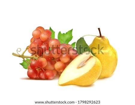 a bunch of pink grapes with green leaves and pear on a white background
