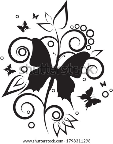 Beautiful black butterfliy silhouette with leaves