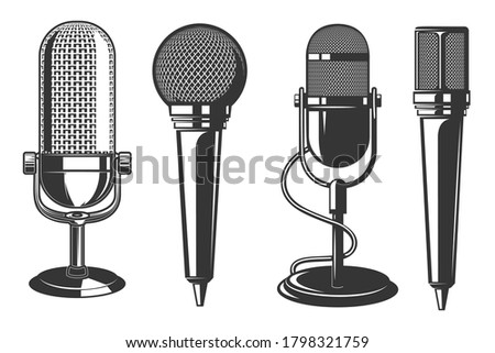 Set of illustrations of microphone in retro style . Design element for poster, card, banner, logo, label, sign, badge, t shirt. Vector illustration