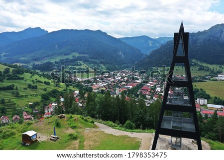 Aerial view of a lookout tower in the village of Terchova in Slovakia