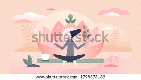 Holistic healing self treatment with peaceful meditation tiny person concept. Spiritual therapy for body and mind with harmony yoga vector illustration. Alternative medicine for wellness and health. Royalty-Free Stock Photo #1798378189