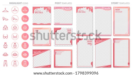 Social Media Banner Background Templates and Highlight Icons Set. Pink Colored Story and Post Frame Editable Design With Transparent Background.