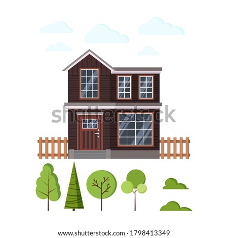 Rural wooden house exterior with fences, clouds and different trees icon set isolated on white background. Two storey home facade with window, roof, door in flat cartoon style. Vector illustration.