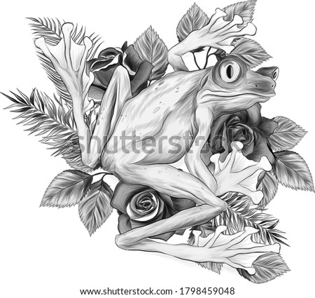 frog and flowers black and white sketch cartoon funny vector illustration print