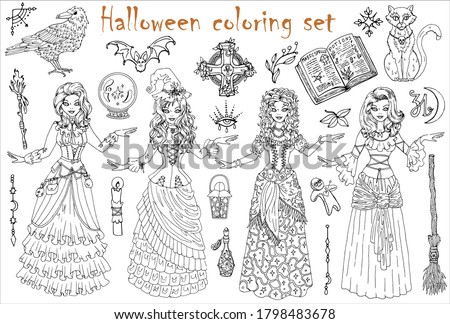 Halloween coloring set with beautiful witch girls in gipsy, medieval and steampunk costumes, scary witchcraft objects. Hand drawn vector illustration for coloring. Doodle clip art collection 