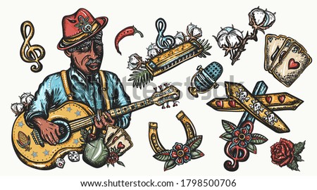 Blues music color graphics elements. Tattoo vector collection. Elderly Afro American bluesman playing slide guitar. Musical legend, crossroads 61 49 and devil 