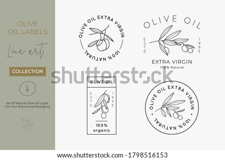 Olive Oil Label Set in a trendy minimal linear style. Vector Logo and concepts for packaging of extra virgin oil and other products Royalty-Free Stock Photo #1798516153