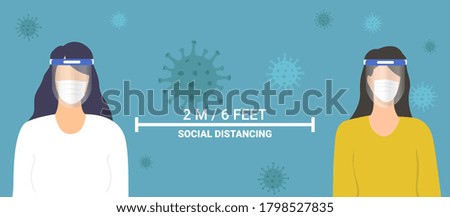 woman character wearing surgical mask and face shield maintain social distancing to prevent virus spreading, flu prevention, coronavirus, social isolation, self quarantine