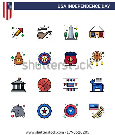 Happy Independence Day 4th July Set of 16 Flat Filled Lines American Pictograph of money; usa; monument; imerican; sunglasses Editable USA Day Vector Design Elements
