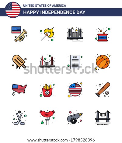 4th July USA Happy Independence Day Icon Symbols Group of 16 Modern Flat Filled Lines of independence; drum; bridge; day; tourism Editable USA Day Vector Design Elements