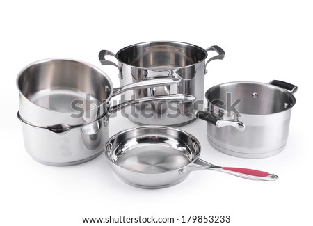 Stainless steel pots and pans isolated on white background Royalty-Free Stock Photo #179853233